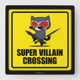Chibi Catwomen Toppen Villain Crossing Sign Fyrkantig Klocka