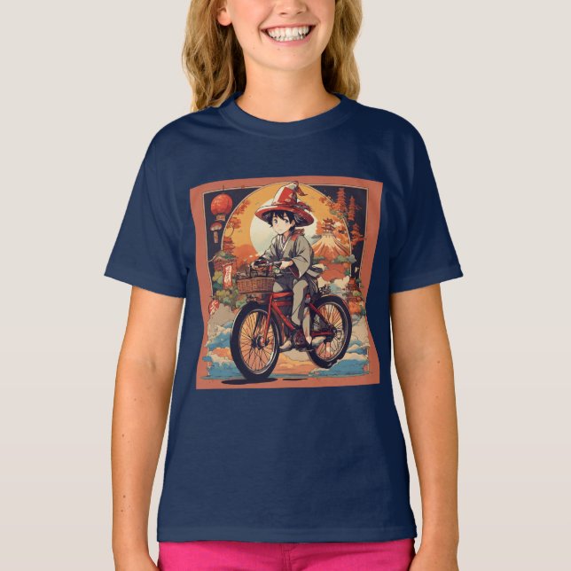 Chibi Character Manar Riding Bicycle Prated Kids T Shirt (Framsida)