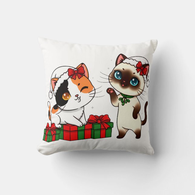 Chibi Christmas Cats with Presents Kudde (Framsida)