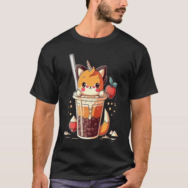 Chibi Cute Bubble Tea Fox Boba Tea T Shirt (Framsida)