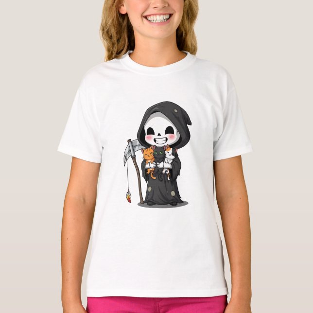 Chibi-döden håller tre små kattungar för barn t shirt (Framsida)