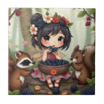 Chibi Fairy Eating Blackberries with Forest Friend Kakelplatta<br><div class="desc">A sweet fairy tale tile for a child. A cute little cartoon chibi fairy eating blackberries with her forest friends,  a raccoon and squirrel.</div>
