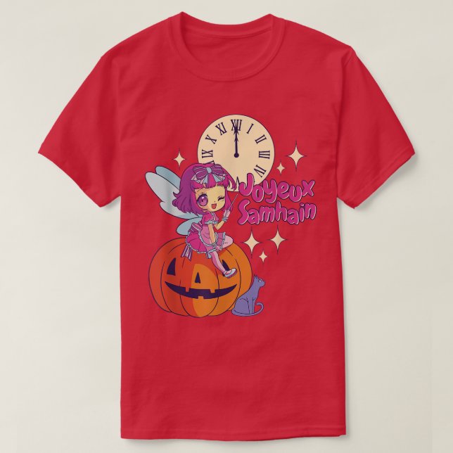 Chibi Fairy Godmor Black Cat Pumpkin Halloween T Shirt (Design framsida)