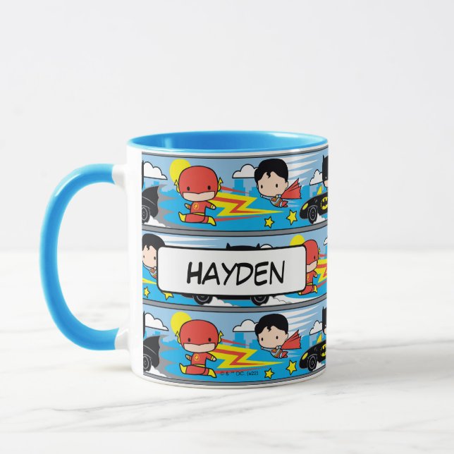 Chibi Flash, Superman, and Batman Racing Pattern Mugg (Vänster)
