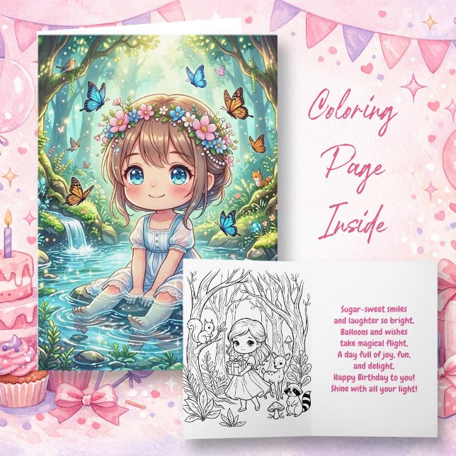 Chibi Flicka i Förtrollad Skog Födelsedag | Färg M Kort (Skapare uppladdad)
