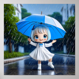 Chibi-flicka som dansar i regnet poster