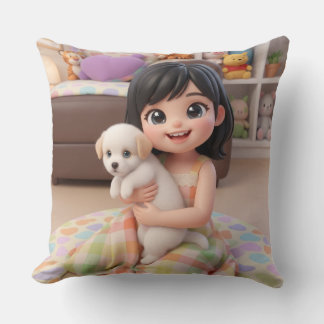Chibi Girl Hugging White Puppy Dog Throw Pillow Kudde