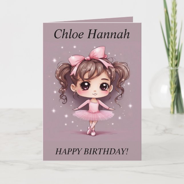 Chibi Girl pigtails Ballerina Birthday Card Helgkort (Framsida)