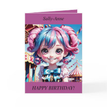 Chibi Girl rosa/blue hair leende Birthday Card