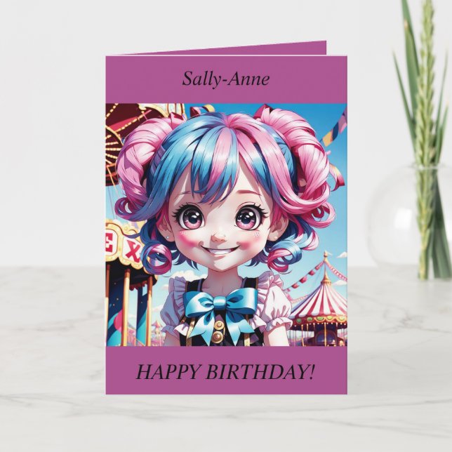 Chibi Girl rosa/blue hair leende Birthday Card Helgkort (Framsida)