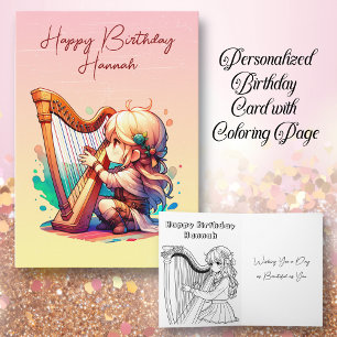 Chibi Girl spelar Harp Personlig Birthday Kort
