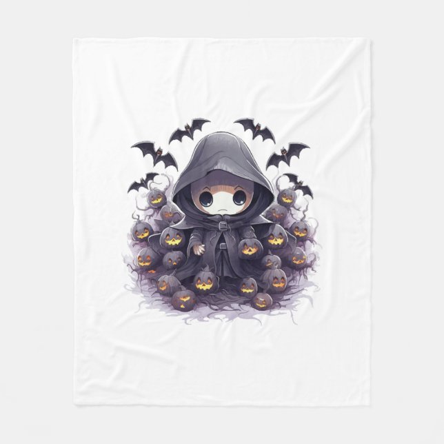 Chibi Grim Reaper Halloween - Bedårande Mörk Fanta Fleecefilt (Framsidan)