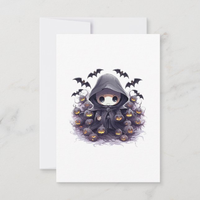 Chibi Grim Reaper Halloween - Bedårande Mörk Fanta Tack Kort (Framsida)