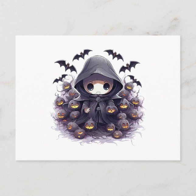 Chibi Grim Reaper Halloween - Bedårande Mörk Fanta Vykort (Framsida)