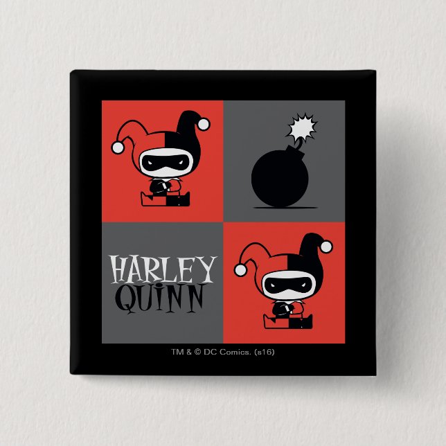 Chibi Harley Quinn Checker Mönster Knapp (Framsida)
