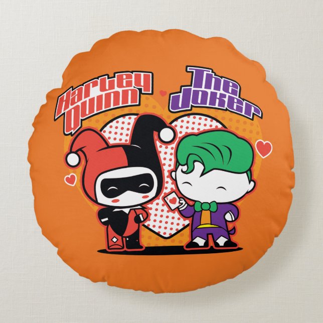 Chibi Harley Quinn & Chibi Joker Hearts Rund Kudde (Framsidan)