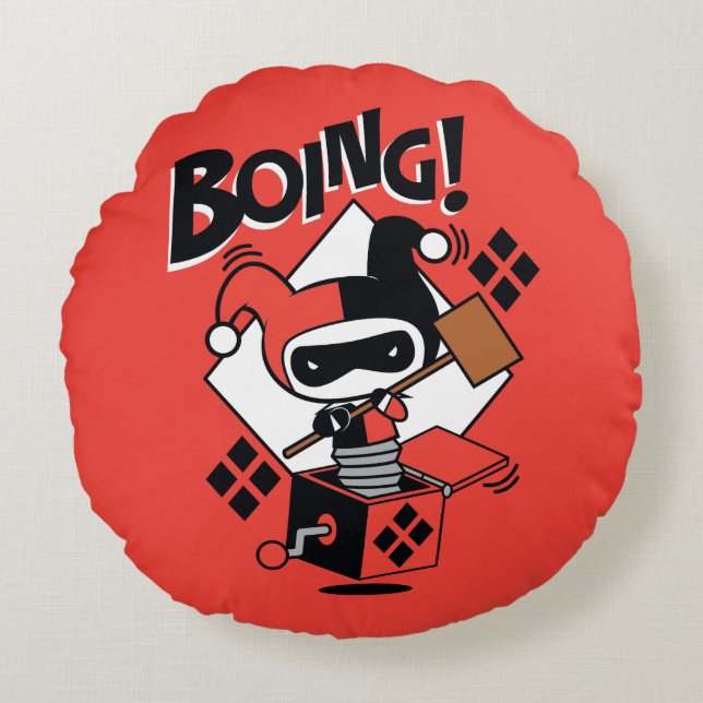 Chibi Harley-Quinn-in-A-box med hammer Rund Kudde (Framsidan)