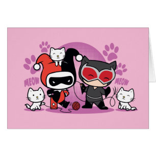 Chibi Harley Quinn och Chibi Catwomen med katter Hälsningskort