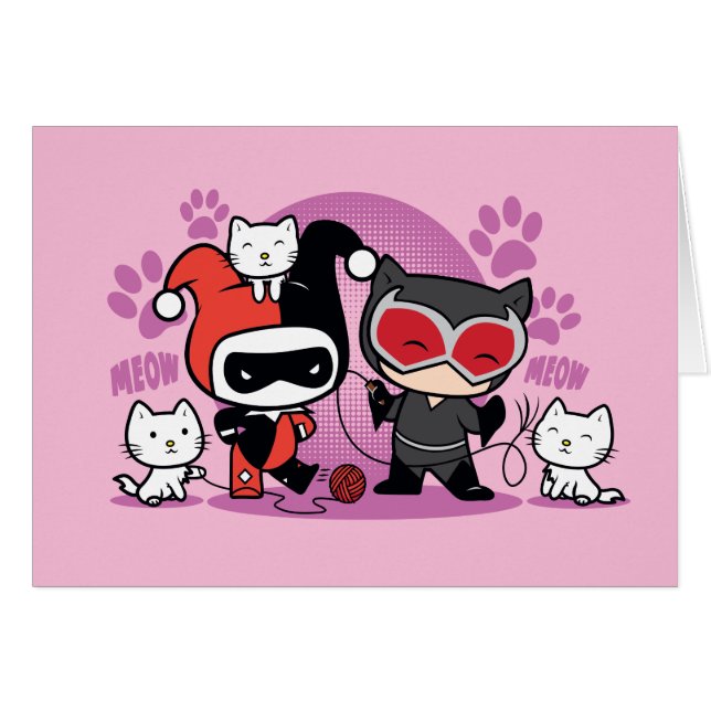 Chibi Harley Quinn och Chibi Catwomen med katter Hälsningskort (Framsidan Horizontal)