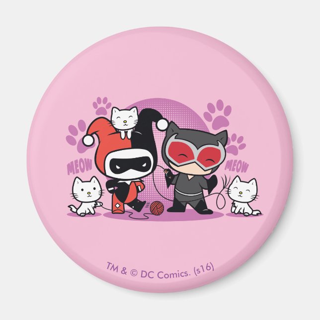 Chibi Harley Quinn och Chibi Catwomen med katter Magnet (Framsidan)