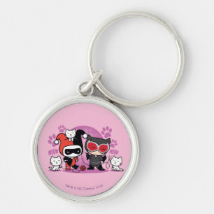 Chibi Harley Quinn och Chibi Catwomen med katter Rund Silverfärgad Nyckelring