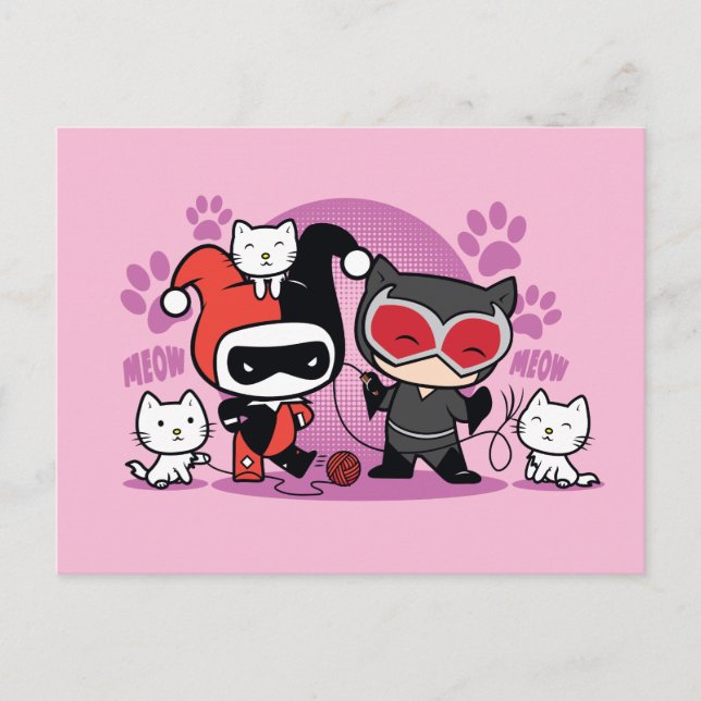 Chibi Harley Quinn och Chibi Catwomen med katter Vykort (Framsida)