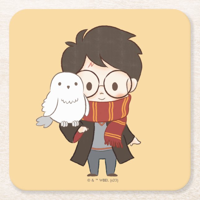 Chibi HARRY POTTER™ & Hedwig Underlägg Papper Kvadrat (Framsidan)