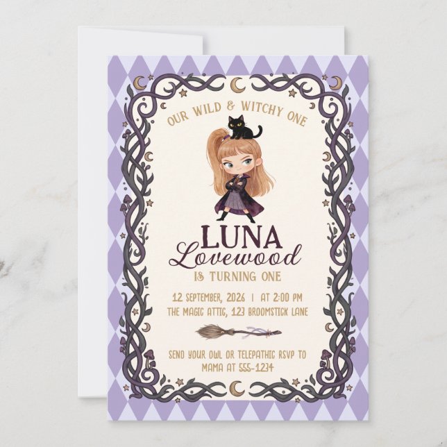 Chibi Häxa Ett 1:a Födelsedagsinbjudan Vattenfärg Inbjudningar (Framsida)