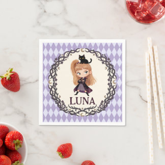 Chibi Häxa Ett 1:a Födelsedagsinbjudan Vattenfärg Pappersservett