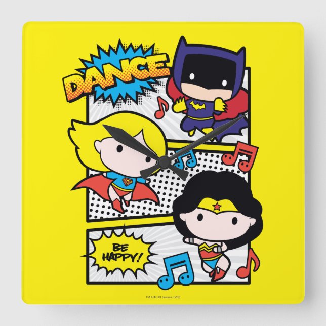 Chibi Heroes Dancing Fyrkantig Klocka (Framsida)