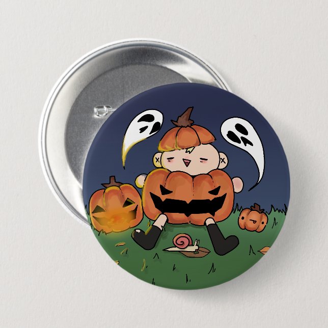 Chibi i pumpakostym, Halloween-tema knapp (Framsida & baksida)