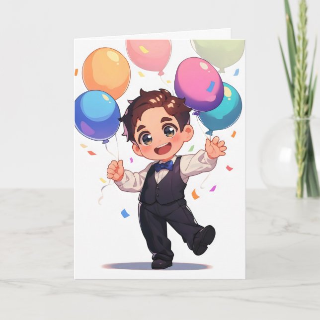 Chibi Ikemen Anime Man Balloons Helgkort (Framsida)