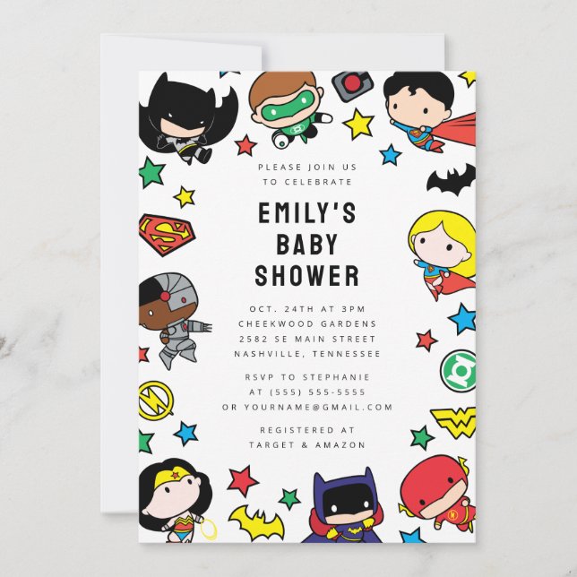 Chibi Justice League Baby Shower Inbjudningar (Framsida)