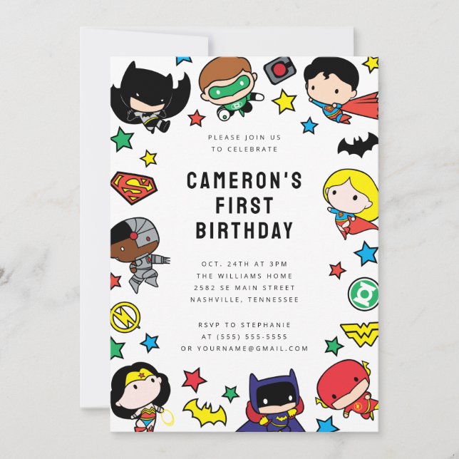 Chibi Justice League Barns födelsedag Inbjudningar (Framsida)