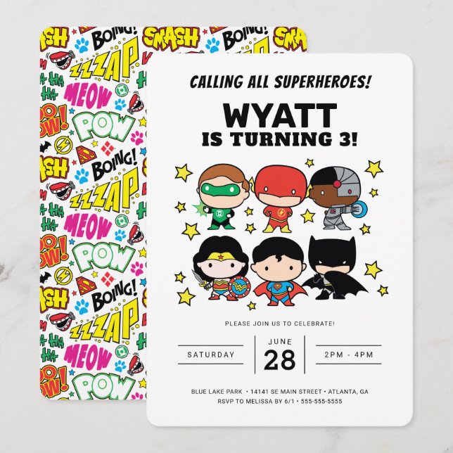 Chibi Justice League Birthday-inbjudan Inbjudningar (Fram/baksida)