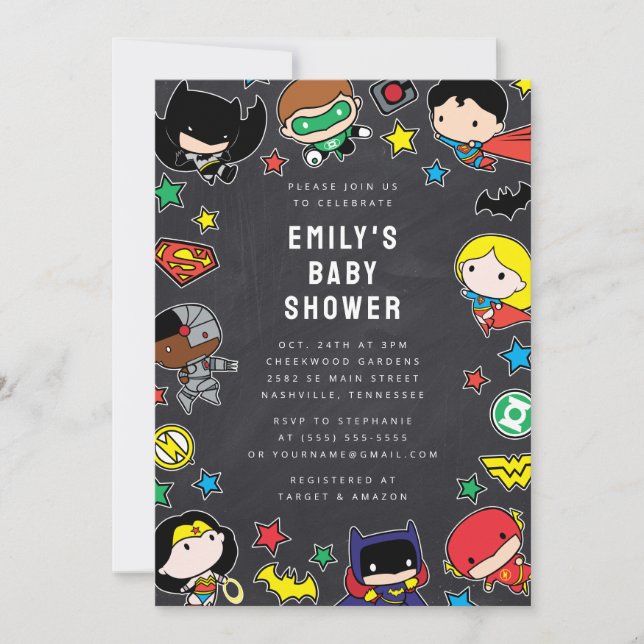 Chibi Justice League Chalkboard Baby Shower Inbjudningar (Framsida)