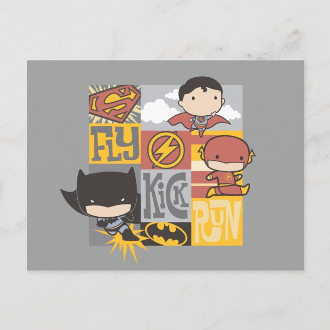 Chibi Justice League | Flyg, Kick, Springa Vykort (Framsida)