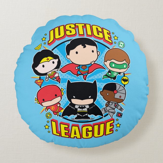 Chibi Justice League Group Rund Kudde (Framsidan)