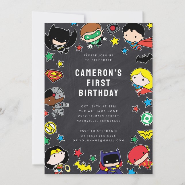 Chibi Justice League Kids Chalkboard Birthday Inbjudningar (Framsida)