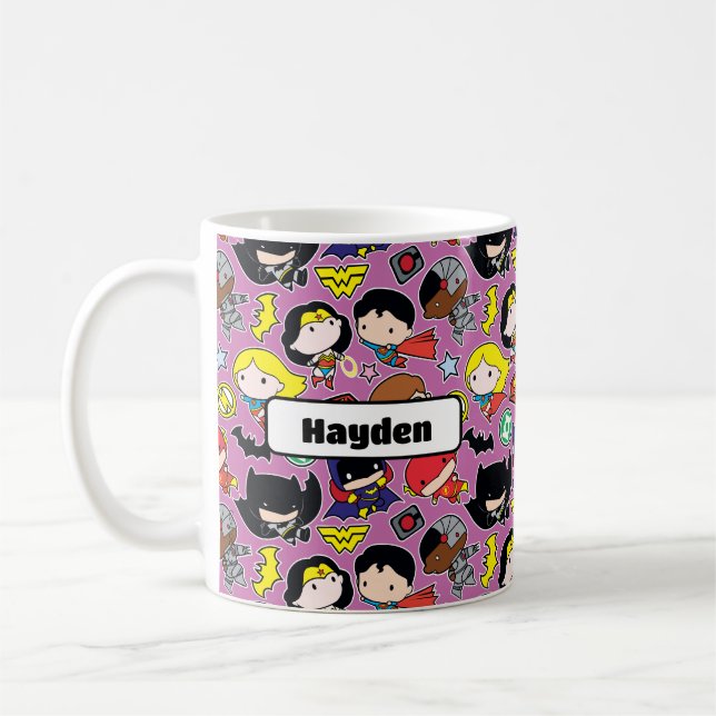 Chibi Justice League Mönster på Lila Kaffemugg (Vänster)