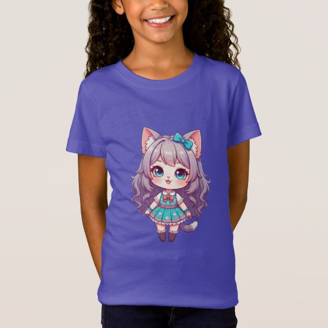 Chibi Kattflicka i Turkos Klänning T Shirt (Framsida)