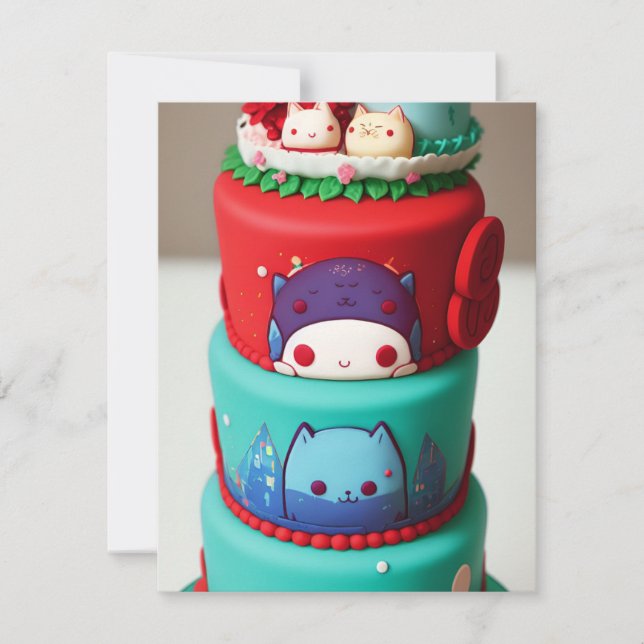 Chibi kattunge röster grönt röd födelsedagskalas julkort (Framsida)