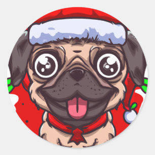 Chibi Kawaii Hund Pug jul Circle Sticker Runt Klistermärke