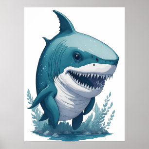 Chibi Kawaii Shark i Watercolor Stil Poster
