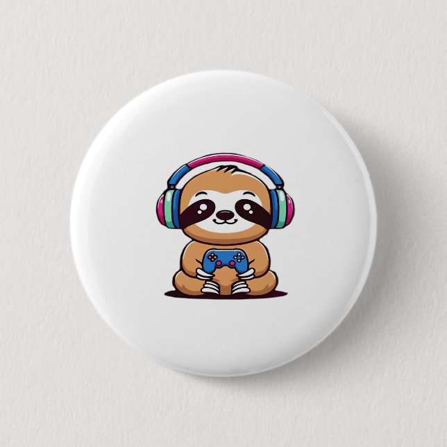 Chibi Kawaii Sloth Gamer - Cute Funny Animal med Knapp (Framsida)