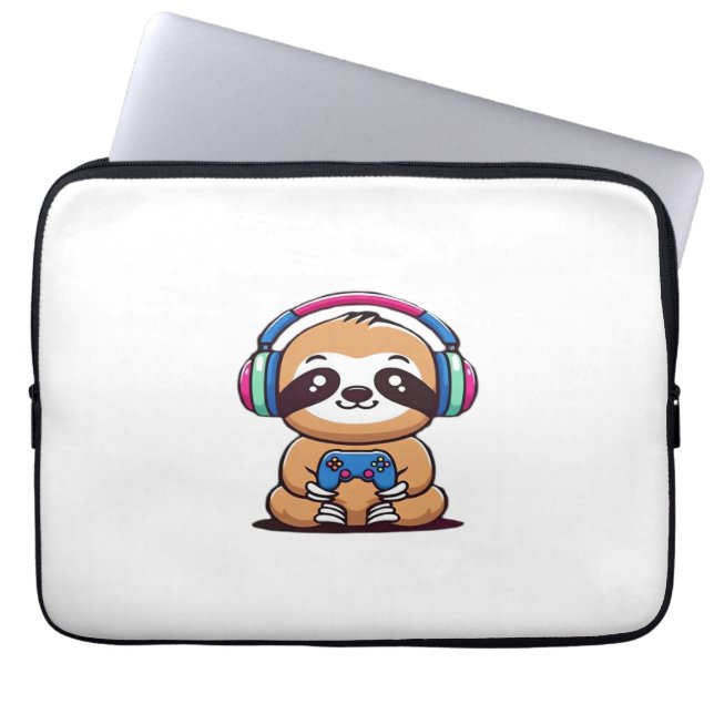 Chibi Kawaii Sloth Gamer - Cute Funny Animal med Laptop Fodral (Framsidan)