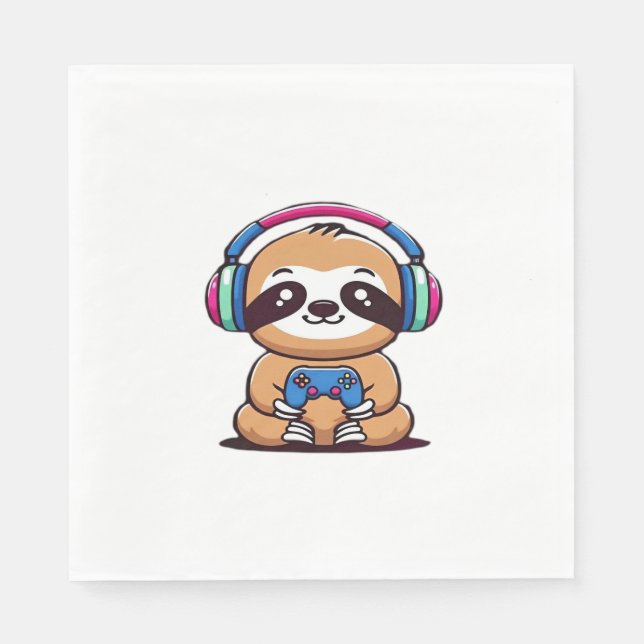 Chibi Kawaii Sloth Gamer - Cute Funny Animal med Pappersservett (Framsidan)
