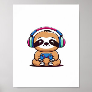 Chibi Kawaii Sloth Gamer - Cute Funny Animal med Poster