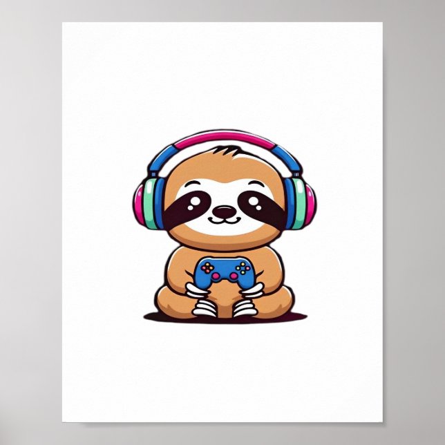 Chibi Kawaii Sloth Gamer - Cute Funny Animal med Poster (Framsidan)