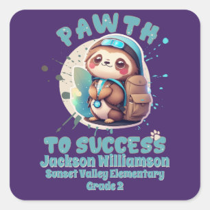 Chibi Kawaii Sloth Namn School Klass Fyrkantigt Klistermärke